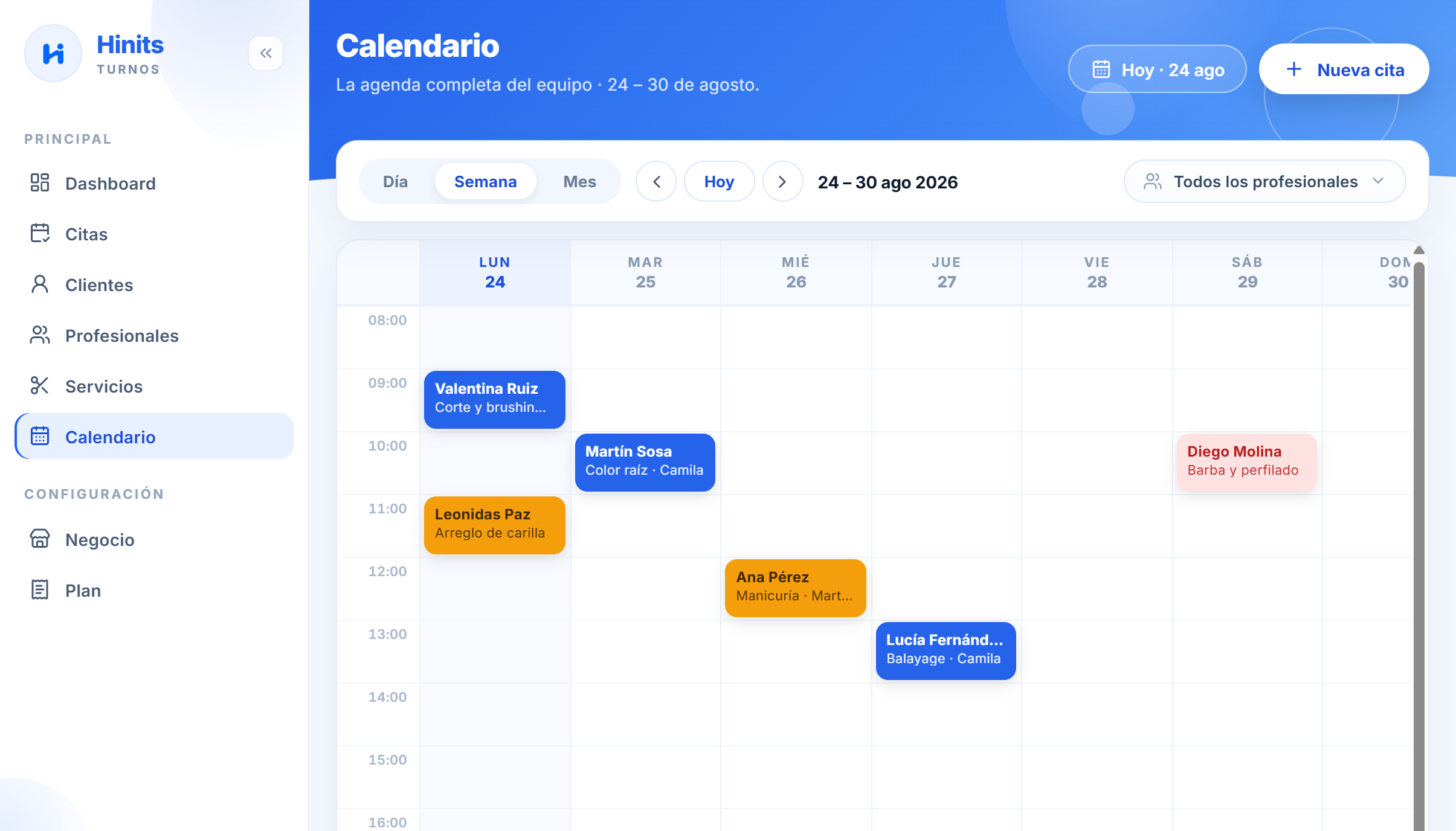 Agenda semanal en el panel de Hinits Turnos